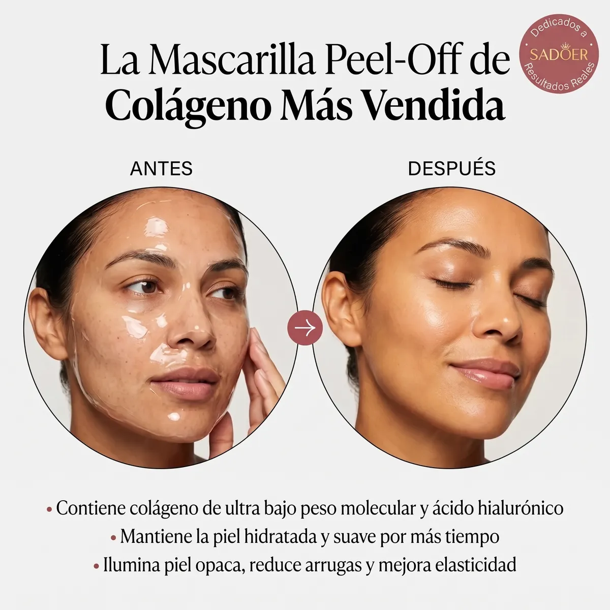 Antes y después de la mascarilla peel off de colágeno