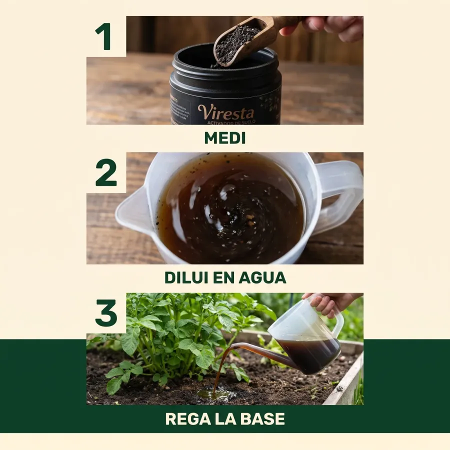 Modo de uso de Viresta: medí con la cuchara incluida, disolvé en agua y regá