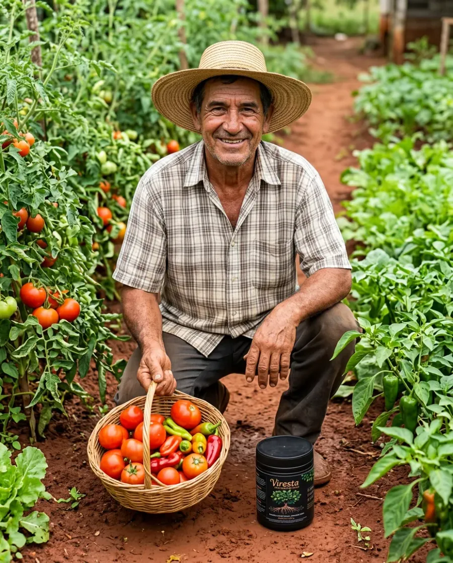 Mujer sonriendo en su huerta con macetas sanas y un pote de Viresta